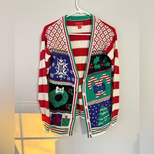 Festive Ugly Christmas Sweater Red Green Holiday Cardigan Candy Canes Size S